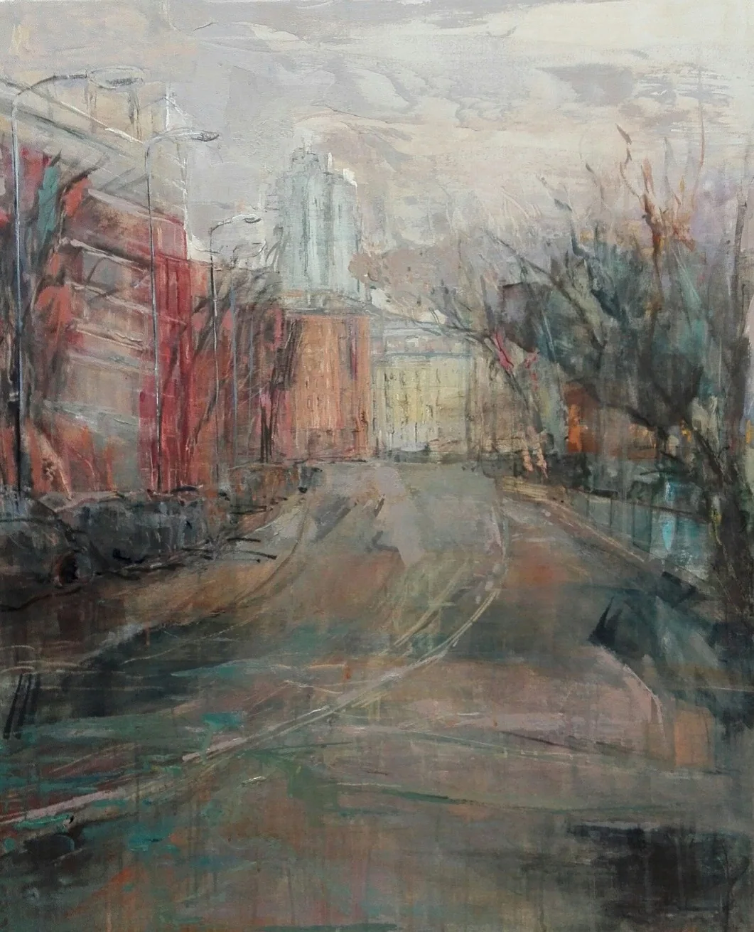 Llueve en la parada de autobús, pintura de Marta Pérez-Peñas