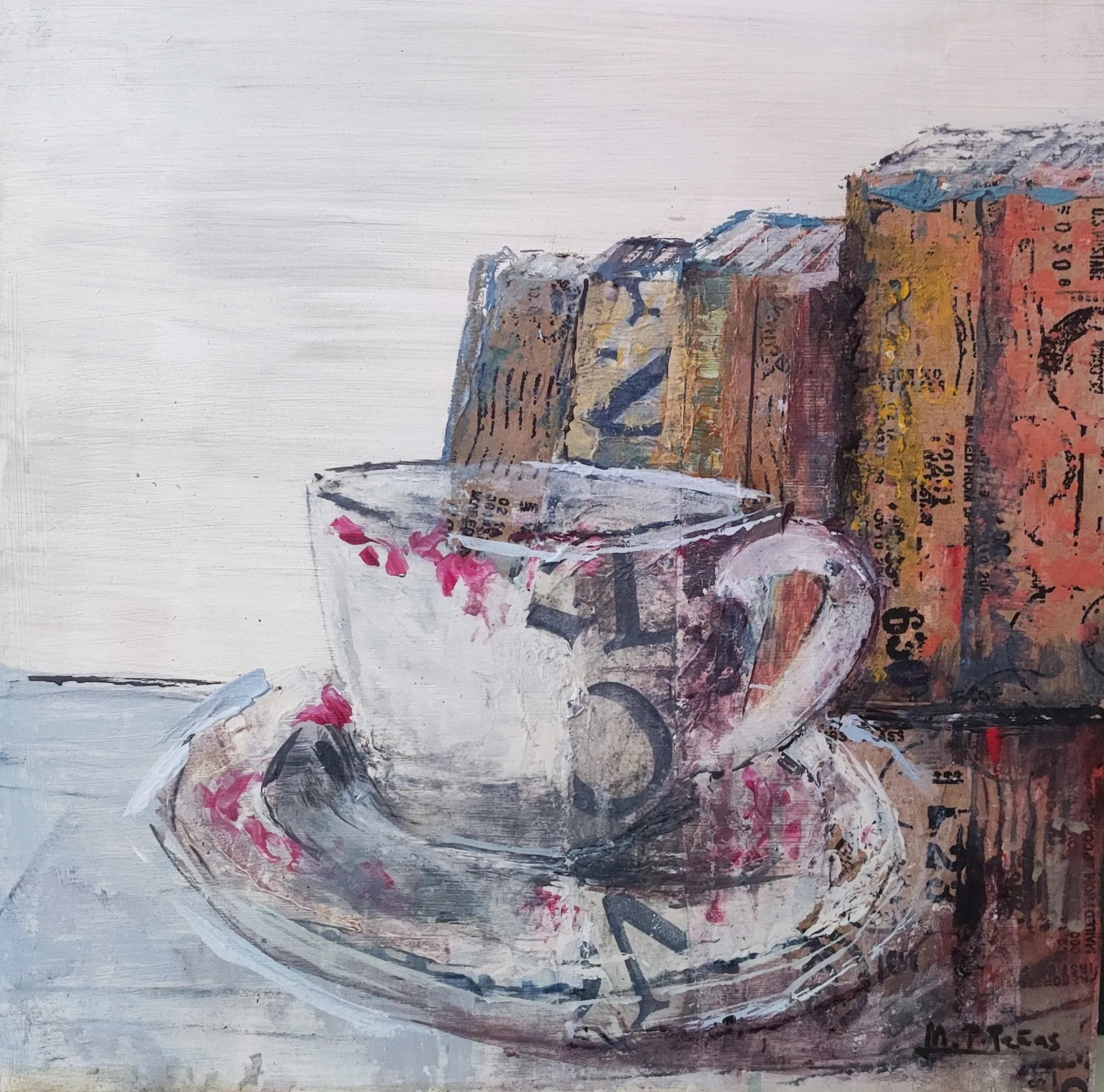 Tazas y Libros I, pintura de Marta Pérez-Peñas